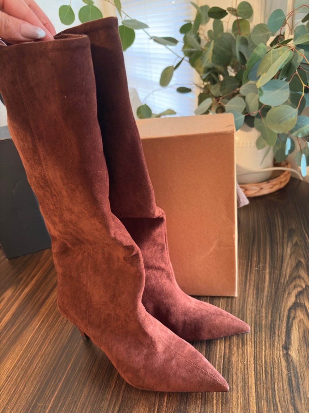 SHEIN Women's Tall Suede Heeled Boots in Burgundy Brown - Picture 3 of 4